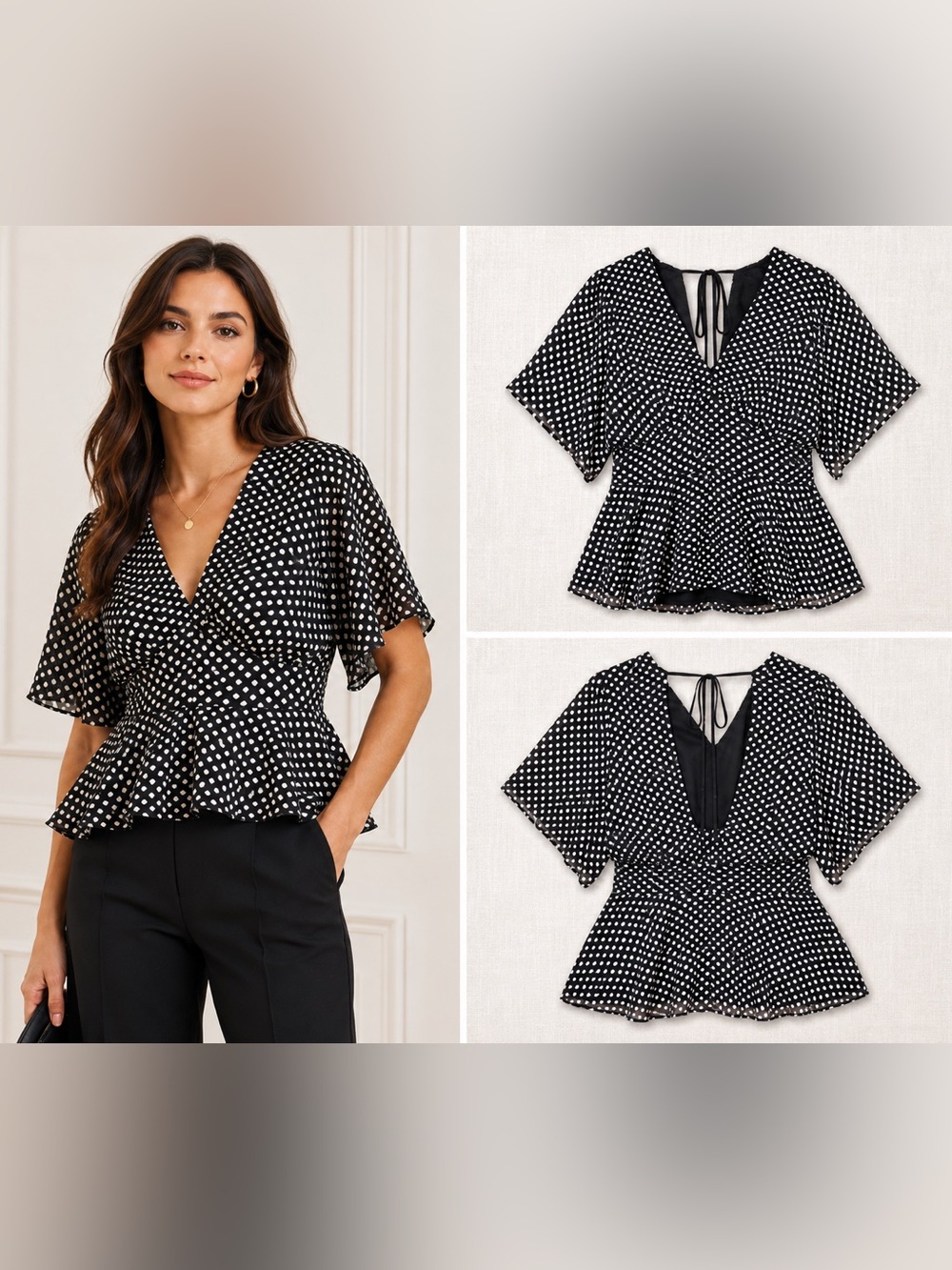 Adelyn Rae Black White Polka Dot Peplum Top Medium
